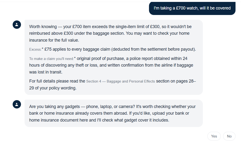AI chat explaining single-item baggage limit of £300 for a £700 watch, with claim requirements