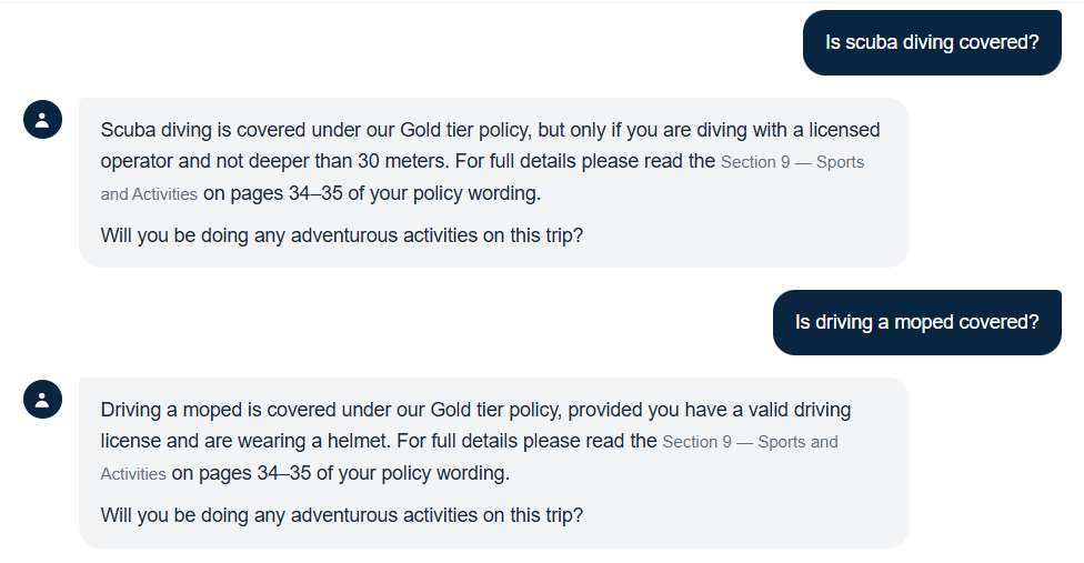 AI chat answering scuba diving and moped coverage questions with policy section references
