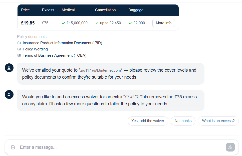 Quote table showing £19.85 price with medical, cancellation and baggage cover, followed by excess waiver upsell